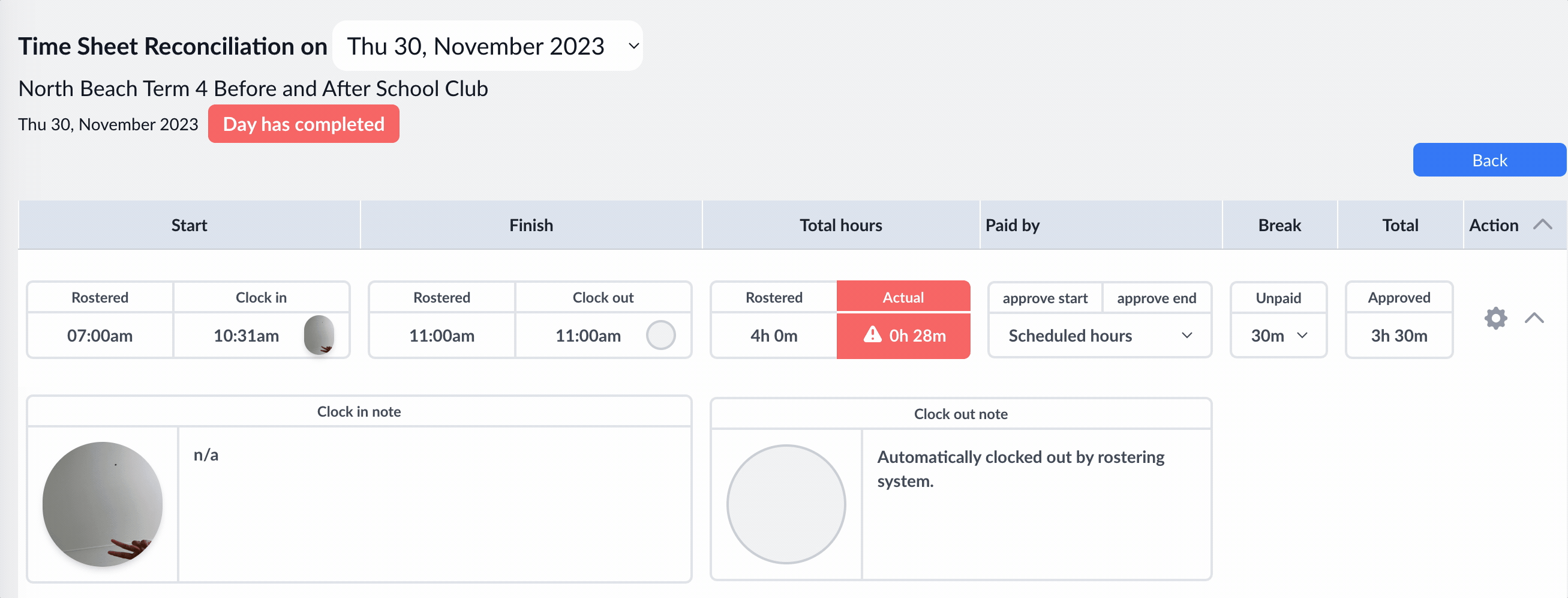 Scheduled hours actions taken